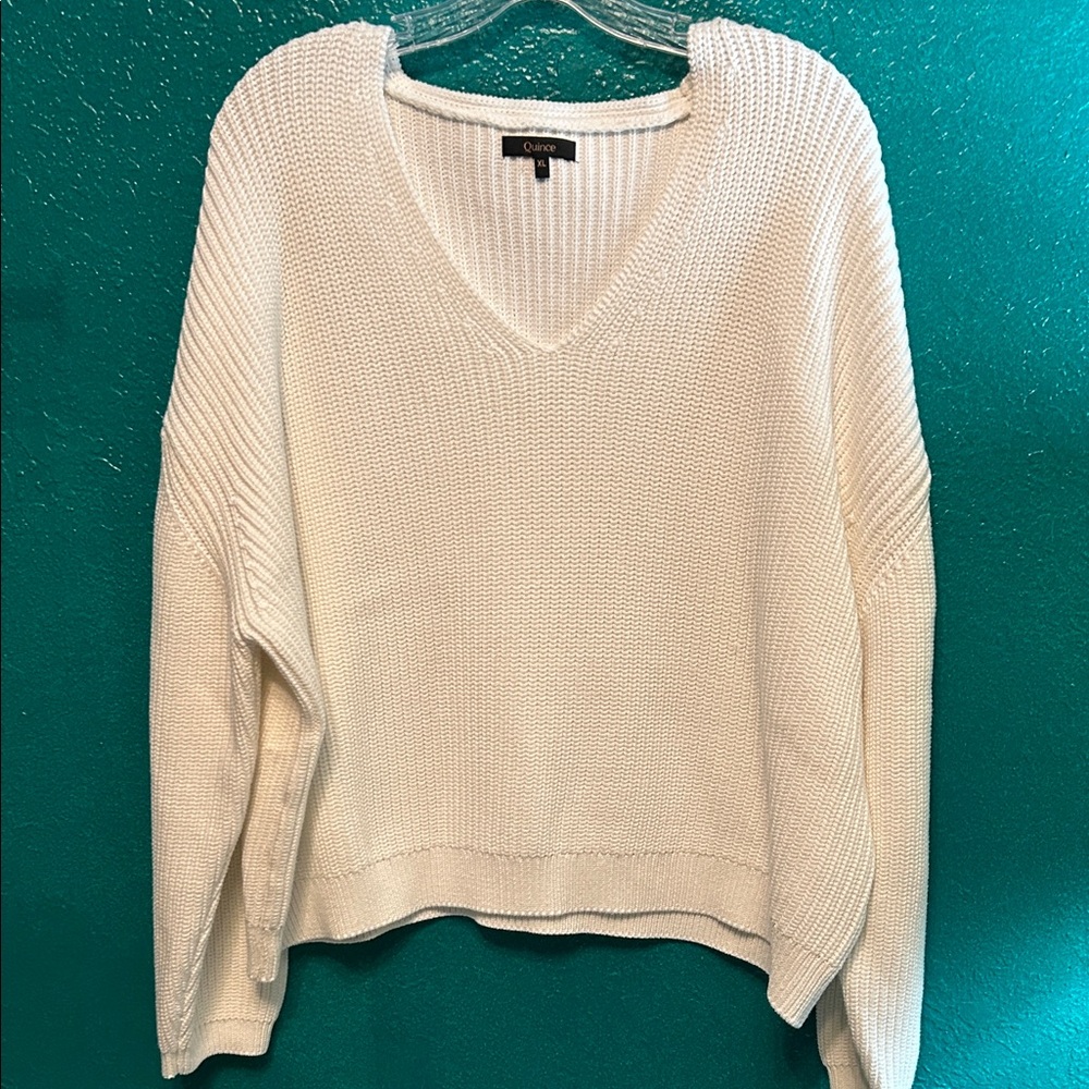 Quince White V-Neck Sweater